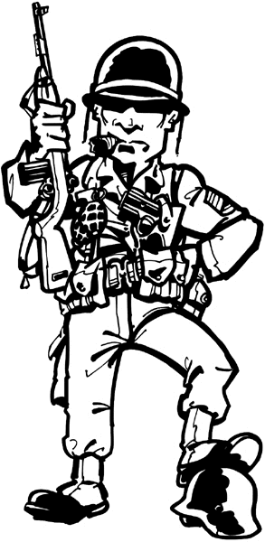 Soldier in battle gear vinyl sticker. Customize on line. Wars and Terrorism 097-0160